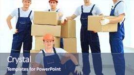  Presentation with boxes - PPT layouts with loading unloading service - workers unload boxes background and a ocean colored foreground