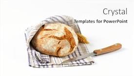  Presentation with kitchen towel - Slide set consisting of loaf of bread in checked tea towel and kitchen knife background and a white colored foreground