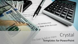  Presentation with loan - Cool new PPT theme with loan-agreement-with-calculator backdrop and a light gray colored foreground