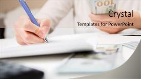  Presentation with entrepreneur - Cool new PPT theme with entrepreneur calculating and reviewing investment plan backdrop and a lemonade colored foreground