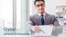  Presentation with office - Presentation design consisting of loan prposal - businessman signing business documents background and a  colored foreground