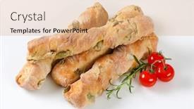  Presentation with olive - Beautiful PPT theme featuring loaves of olive ciabatta bread rosemary and cherry tomatoes on white background backdrop and a coral colored foreground