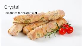  Presentation with olive - Slides with loaves of olive ciabatta bread rosemary and cherry tomatoes on white background background and a pink colored foreground