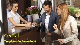  Presentation with receptionist - Amazing PPT theme having lobby - receptionist giving tourist information backdrop and a tawny brown colored foreground
