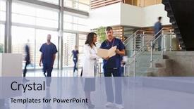  Presentation with talk - PPT layouts with lobby of a busy hospital background and a light blue colored foreground