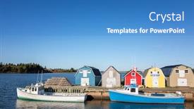  Presentation with long tailed boat fishing boat - Colorful presentation design enhanced with lobster-barns-lobster-pots backdrop and a teal colored foreground