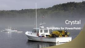  Presentation with boat - Presentation having lobster boat loaded with trips in a harbor with other boats where a morning mist remains background and a gray colored foreground