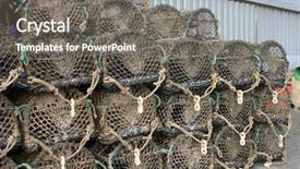  Presentation with container pots - Colorful theme enhanced with entrapment - lobster pots stacked at padstow backdrop and a gray colored foreground