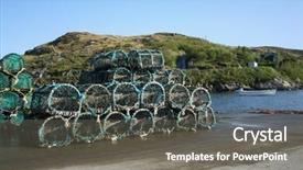  Presentation with piles - Amazing theme having lobster pots stacked in piles beside sea shore backdrop and a gray colored foreground