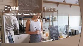  Presentation with chocholate and coffee - Cool new PPT theme with local business - couple working behind the counter backdrop and a violet colored foreground