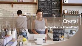  Presentation with coffee shop - PPT theme consisting of local business - couple working behind the counter background and a coral colored foreground
