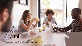  Presentation with cafe - Slide deck enhanced with local business - five adult friends sitting background and a coral colored foreground