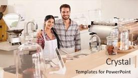  Presentation with cafe - Slide set enhanced with local business - happy young cafe workers background and a  colored foreground