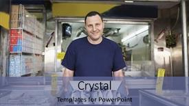  Presentation with top view of fresh fish - Beautiful PPT theme featuring local business - portrait of confident owner displaying backdrop and a ocean colored foreground