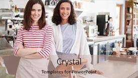  Presentation with coffee shop - Beautiful slides featuring local business - two female coffee shop owners backdrop and a coral colored foreground