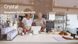  Presentation with coffee shop - Beautiful theme featuring local business - two women ready to serve backdrop and a coral colored foreground