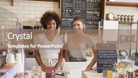  Presentation with coffee shop - Theme having local business - two women ready to serve background and a coral colored foreground