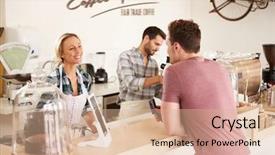  Presentation with order - Presentation theme with local business - young man paying for his background and a coral colored foreground