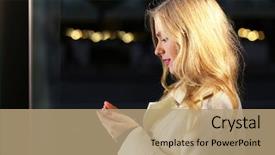  Presentation with phone - Theme with location big data - young woman with mobile phone background and a  colored foreground