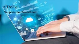  Presentation with information technology cloud - Slides enhanced with location flow - hand using laptop with cloud background and a teal colored foreground