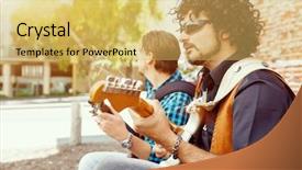  Presentation with band - Slide set featuring location sound - band of musicians playing background and a  colored foreground