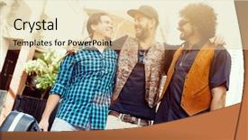  Presentation with band - Colorful presentation theme enhanced with location sound - band of musicians walkimg backdrop and a  colored foreground