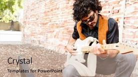  Presentation with instrument - PPT layouts enhanced with location sound - street musician tuning his instrument background and a coral colored foreground