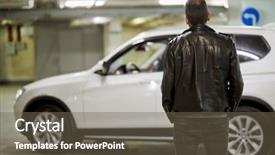  Presentation with leather and glitter - PPT theme having jacket stands in underground parking background and a gray colored foreground