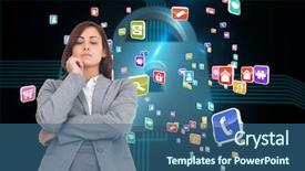  Presentation with performance and execution lock - Presentation theme consisting of locked down - focused businesswoman against shiny lock background and a ocean colored foreground