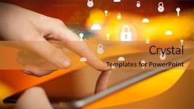  Presentation with information system security - Colorful presentation theme enhanced with locked down - hand holding tablet with online backdrop and a gold colored foreground