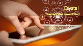  Presentation with graphical password security - Presentation theme having locked down - hand holding tablet with online background and a tawny brown colored foreground