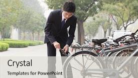  Presentation with city street - Cool new slide deck with locked down - young businessman locking up his backdrop and a  colored foreground