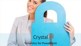  Presentation with peacock blue coloured for corporate - Presentation enhanced with locker sign - gorgeous young woman holding blue background and a cyan colored foreground