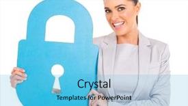  Presentation with padlock - Beautiful PPT theme featuring locker sign - happy businesswoman with large padlock backdrop and a light blue colored foreground