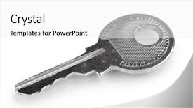  Presentation with key - Slide deck having locker sign - metal key isolated on white background and a white colored foreground
