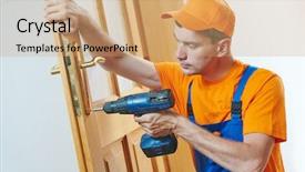  Presentation with door lock system - PPT layouts featuring locking gools - carpenter at door lock installation background and a coral colored foreground