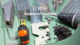  Presentation with set of construction tools tool - Slide deck featuring locking gools - plasterboard tools set with metal background and a gray colored foreground