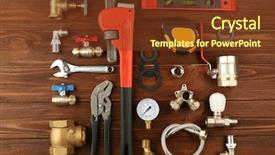  Presentation with plumbers tools and plumbing material - Cool new slide deck with locking gools - plumber tools on a wooden backdrop and a tawny brown colored foreground