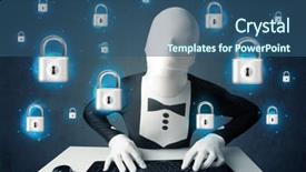  Presentation with hacker - PPT layouts with lockout - hacker in disguise with virtual background and a ocean colored foreground