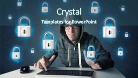  Presentation with hacker in mask lock - Amazing presentation design having lockout - young hacker with virtual lock backdrop and a ocean colored foreground