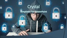  Presentation with hacker in mask lock - Beautiful theme featuring lockout - young hacker with virtual lock backdrop and a ocean colored foreground