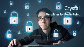  Presentation with hacker in mask lock - Presentation design with lockout - young hacker with virtual lock background and a ocean colored foreground
