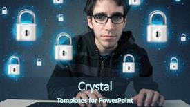  Presentation with hacker in mask lock - Amazing slide set having lockout - young hacker with virtual lock backdrop and a ocean colored foreground