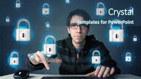  Presentation with virtual - Presentation having lockout - young hacker with virtual lock background and a ocean colored foreground