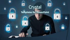 Presentation with hacker - Presentation theme having lockout - young hacker with virtual lock background and a ocean colored foreground
