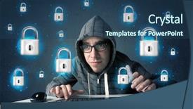  Presentation with hacker in mask lock - Slides enhanced with lockout - young hacker with virtual lock background and a ocean colored foreground