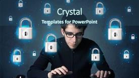  Presentation with hacker in mask lock - PPT layouts having lockout - young hacker with virtual lock background and a ocean colored foreground