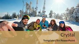  Presentation with friends eating and drinking wine - PPT layouts with lodge - group of friends laughing background and a yellow colored foreground