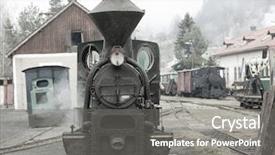  Presentation with steam - Presentation theme consisting of log house - steam locomotive ciernohronska railway slovakia background and a gray colored foreground