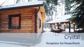  Presentation with barbecue - PPT theme with log house - wooden bath barbecue for meat background and a sky blue colored foreground